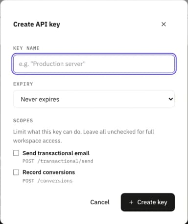 Create API key dialog with expiry Never expires and two scopes: Send transactional email and Record conversions.