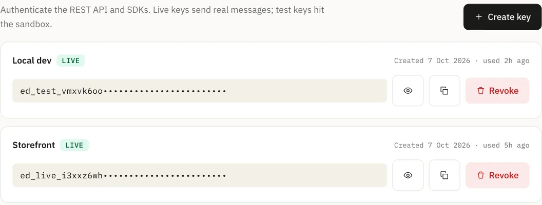 The API keys list: a test key and a live key, each shown as its prefix with the rest masked.