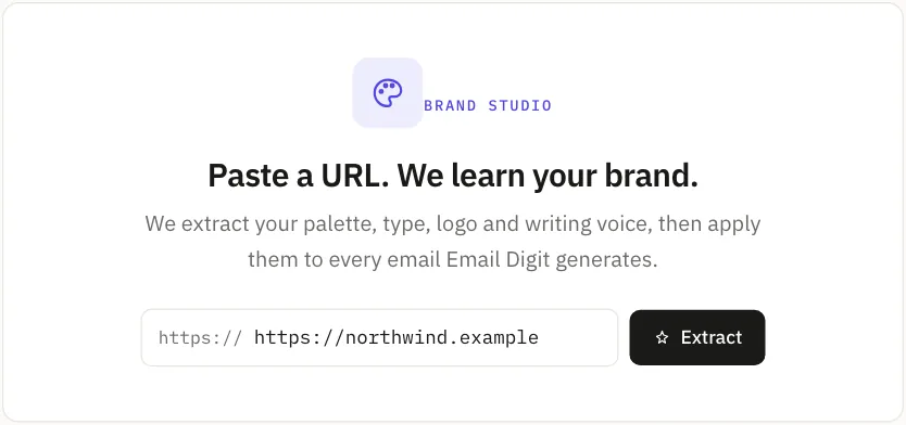 The Brand Studio card headed “Paste a URL. We learn your brand.”, with the address https://northwind.example entered and an Extract button.