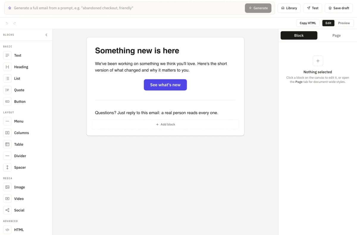 Message Builder with its block palette in four groups (Basic, Layout, Media, Advanced) beside an announcement email on the canvas.