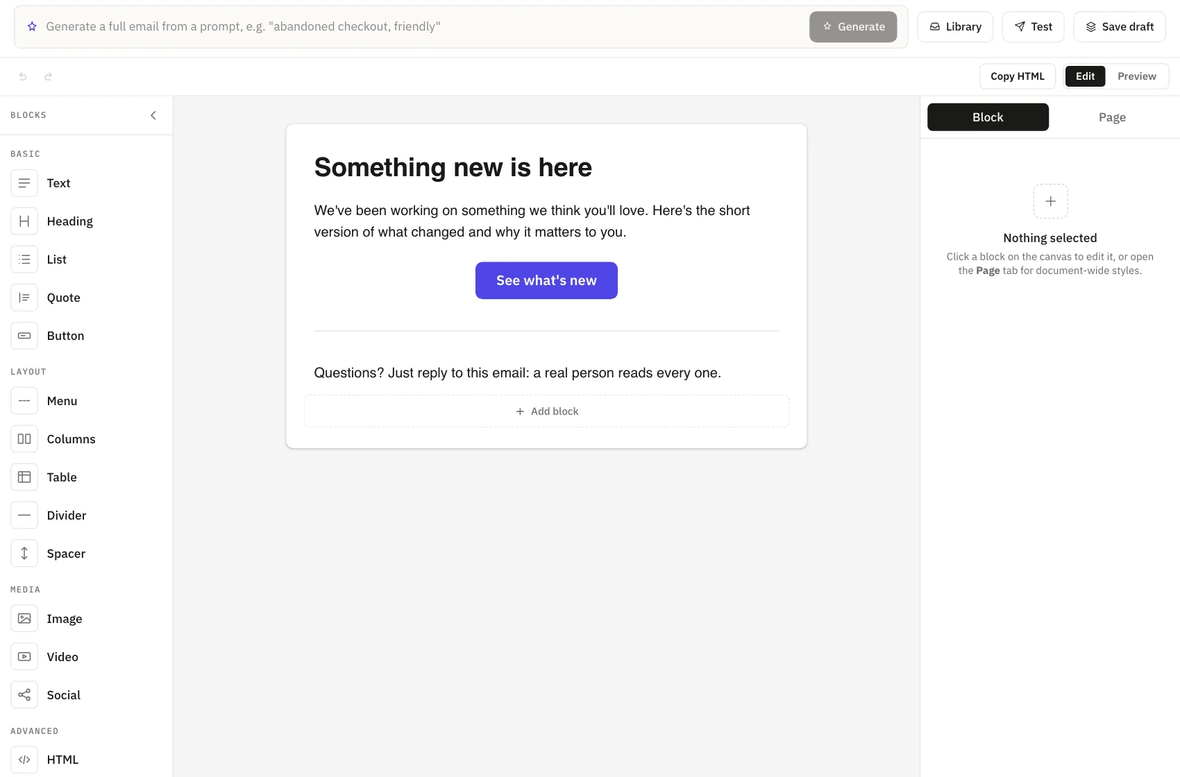 The Message Builder: the block palette, an announcement template on the canvas and the inspector.