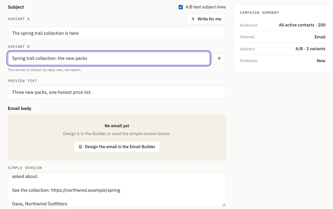 Subject section with A/B test ticked: Variant A “The spring trail collection is here” and Variant B “Spring trail collection: the new packs”.