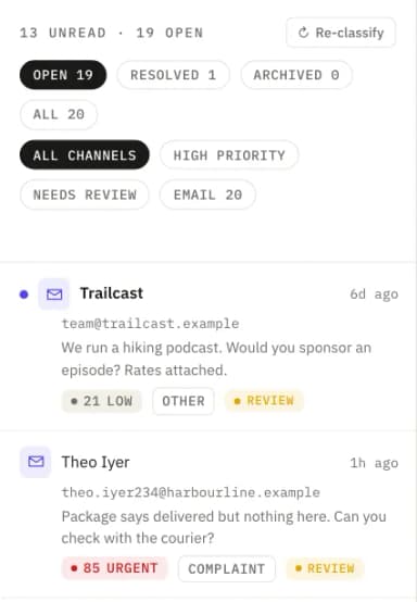 Inbox filters above two replies: one scored 21 Low and labelled Other, one scored 85 Urgent and labelled Complaint.