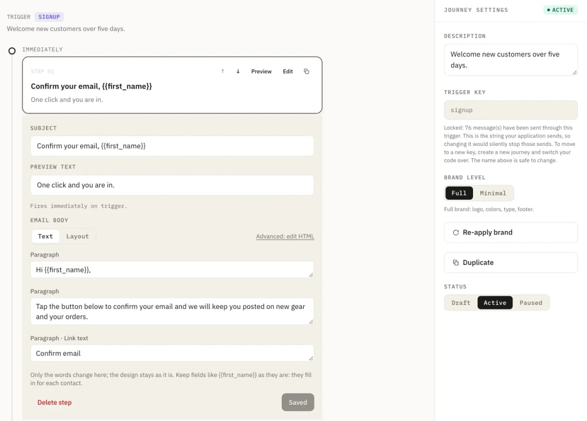 Journey settings with the trigger key signup greyed out and a note that it locked once messages were sent through it.