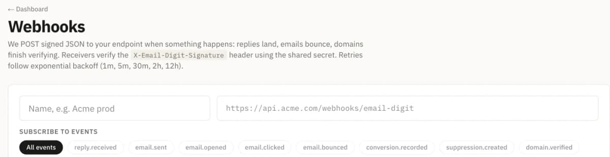 Webhooks page explaining signature checks on the X-Email-Digit-Signature header and retries at 1m, 5m, 30m, 2h and 12h.