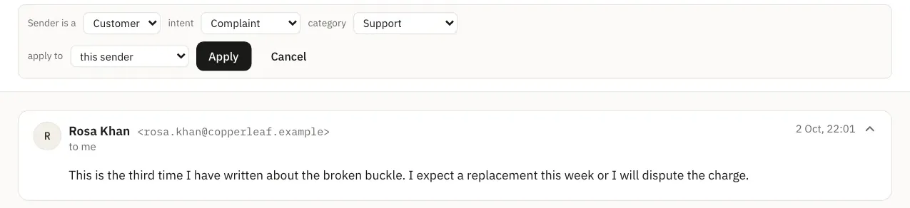 The Fix classification form open on a reply: who the sender is, the intent and category, and whether to apply it to this sender.