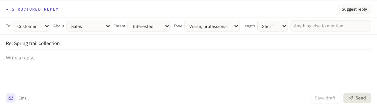 Reply composer with Suggest reply and dropdowns for recipient, topic, intent, tone and length, plus Save draft and Send.